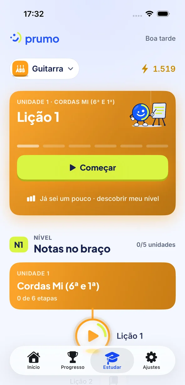 Tela Estudar do Prumo com a trilha do curso